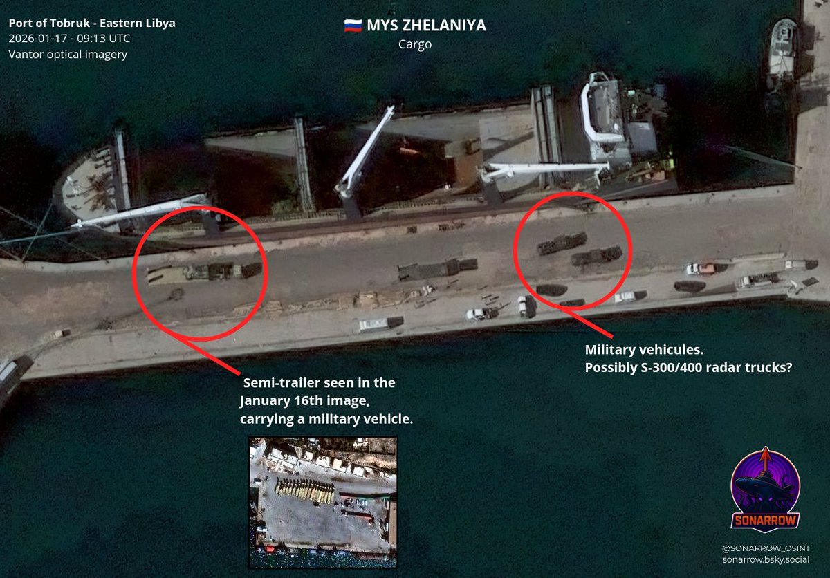 Satellite picture of cargo MYS ZHELANIYA docking in Tobruk, Libya. She is actually delivering military equipment, possibly air defense system