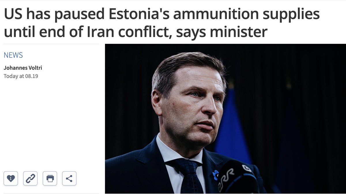 The U.S. paused ammunition deliveries to Estonia (especially HIMARS rockets) due to the war with Iran, likely for months, not weeks. Estonia says it has enough anti-tank weapons but may seek alternatives or rethink purchases if delays continue. Source: ERR